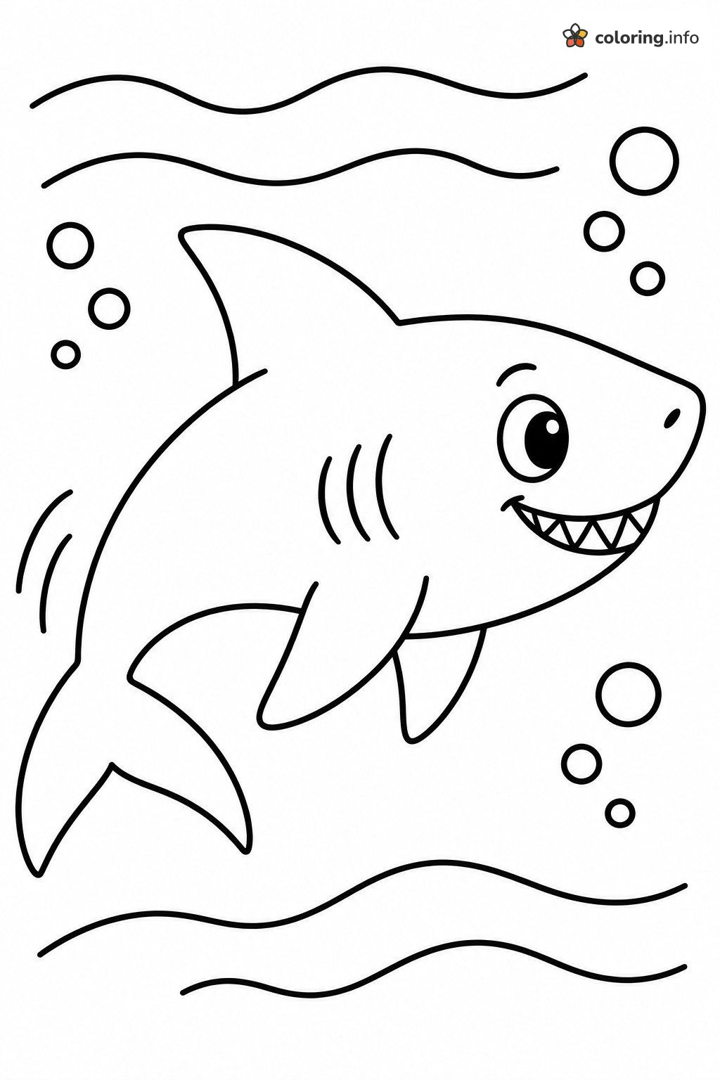 Grinning Cartoon Shark Cruising Past Waves and Bubbles coloring page Grinning Cartoon Shark Cruising Past Waves and Bubbles coloring page