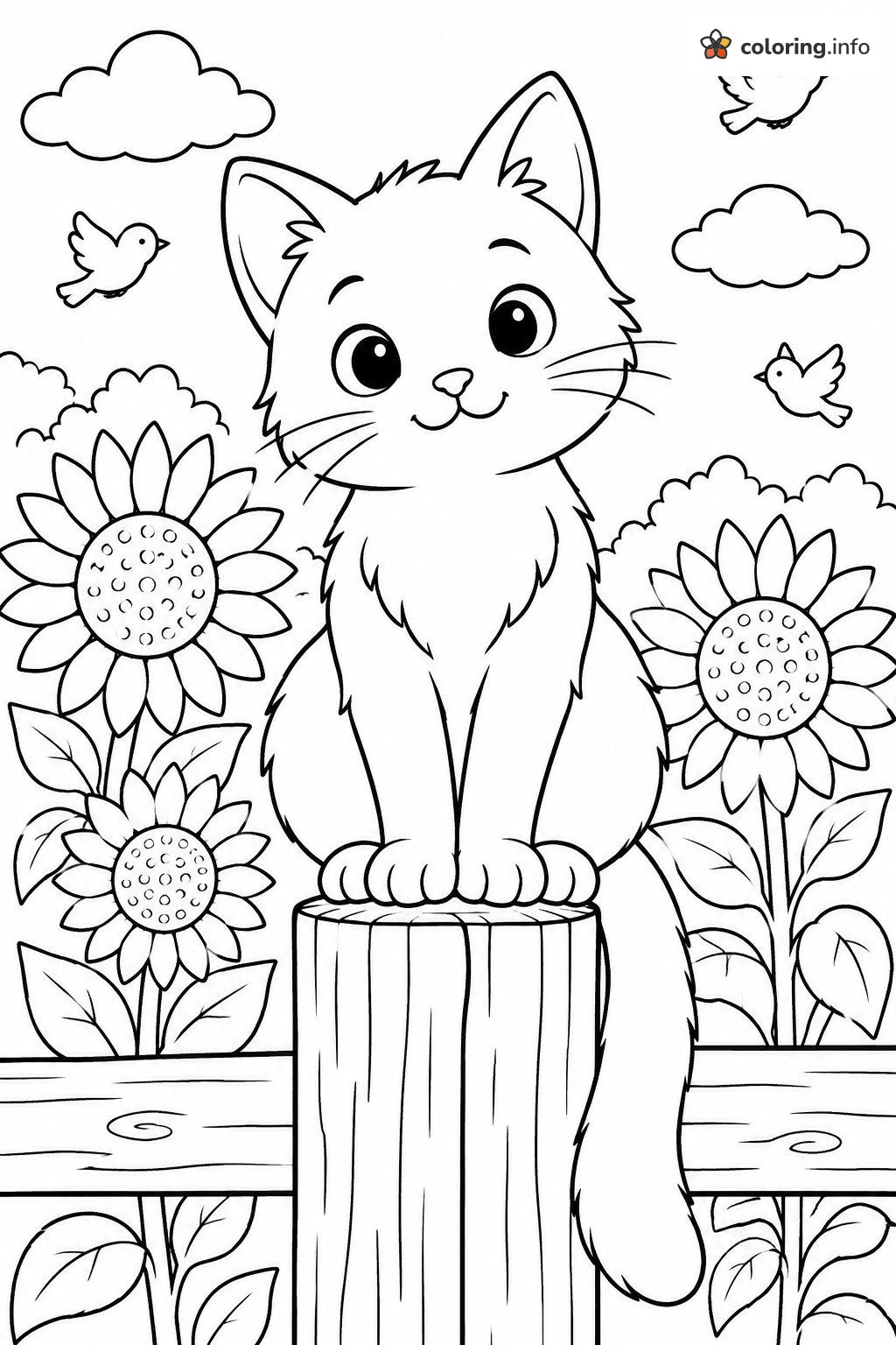 Sunflower Fence Post With a Smiling Cat printable coloring page Sunflower Fence Post With a Smiling Cat printable coloring page