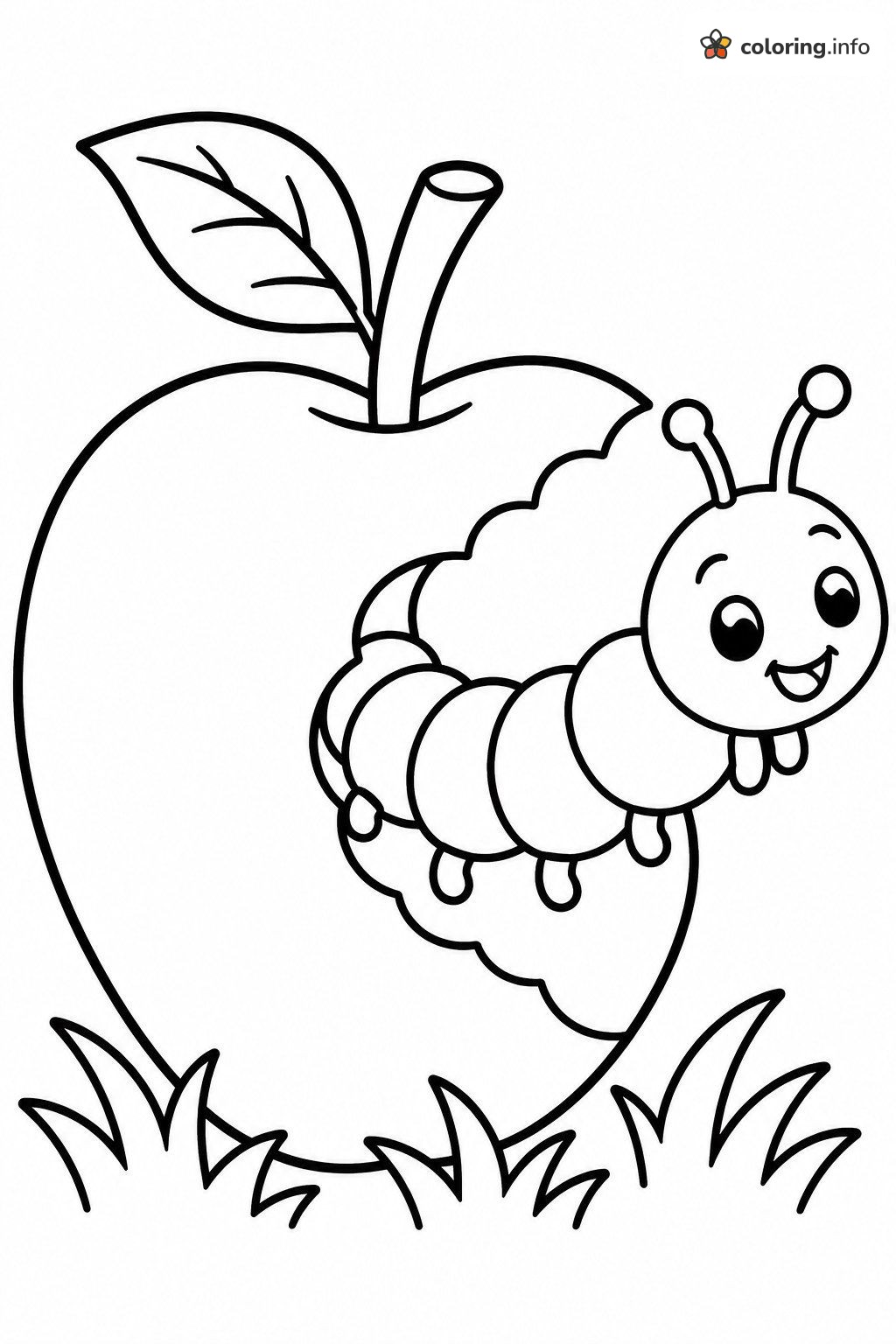 Caterpillar Poking Out of an Apple, Cute Insects Coloring Caterpillar Poking Out of an Apple, Cute Insects Coloring