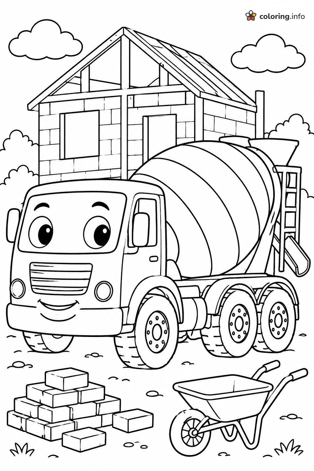 Cement Mixer Truck Parked by a Half-Built Brick House coloring sheet Cement Mixer Truck Parked by a Half-Built Brick House coloring sheet