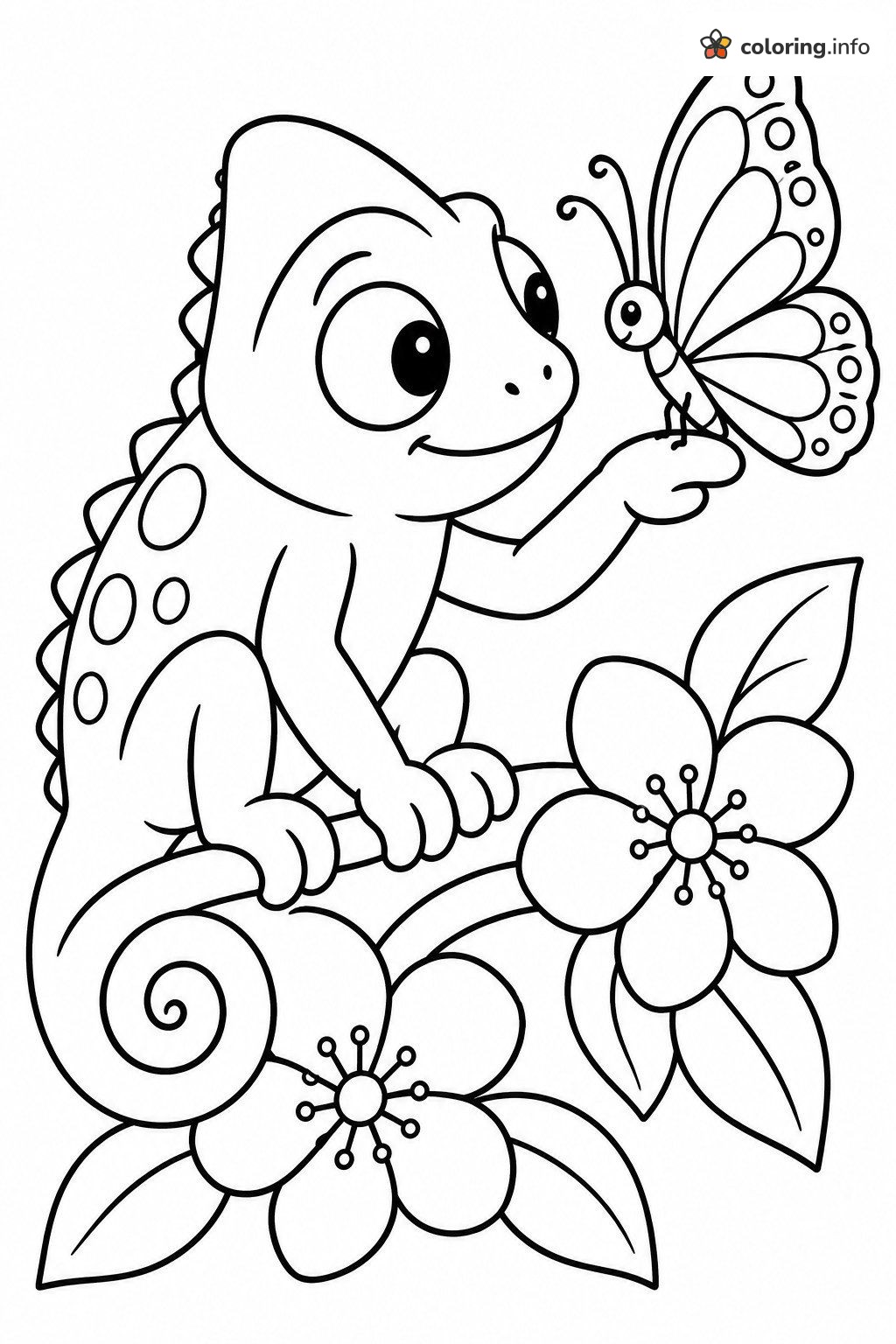 Chameleon Says Hello to a Butterfly printable coloring page Chameleon Says Hello to a Butterfly printable coloring page