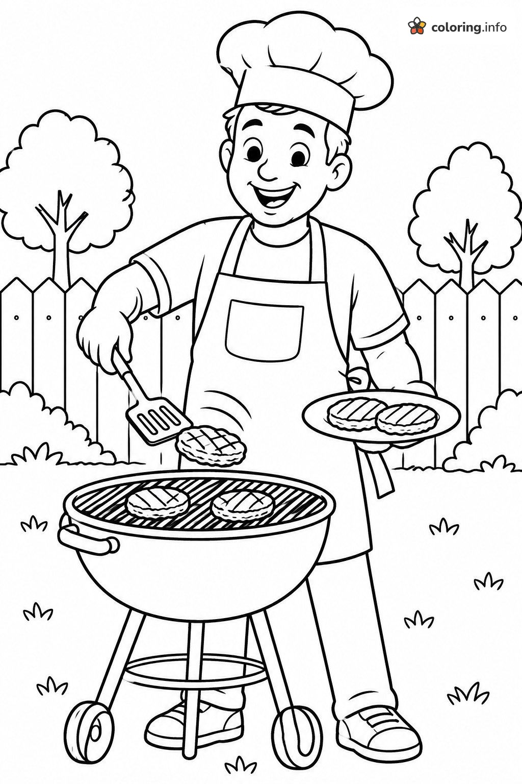 Chef Flipping Hamburger Patties on the Backyard Grill printable coloring page Chef Flipping Hamburger Patties on the Backyard Grill printable coloring page
