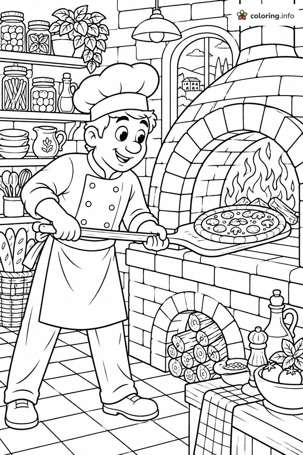 Brick Oven Pizza Chef in a Cozy Kitchen printable coloring page Brick Oven Pizza Chef in a Cozy Kitchen printable coloring page