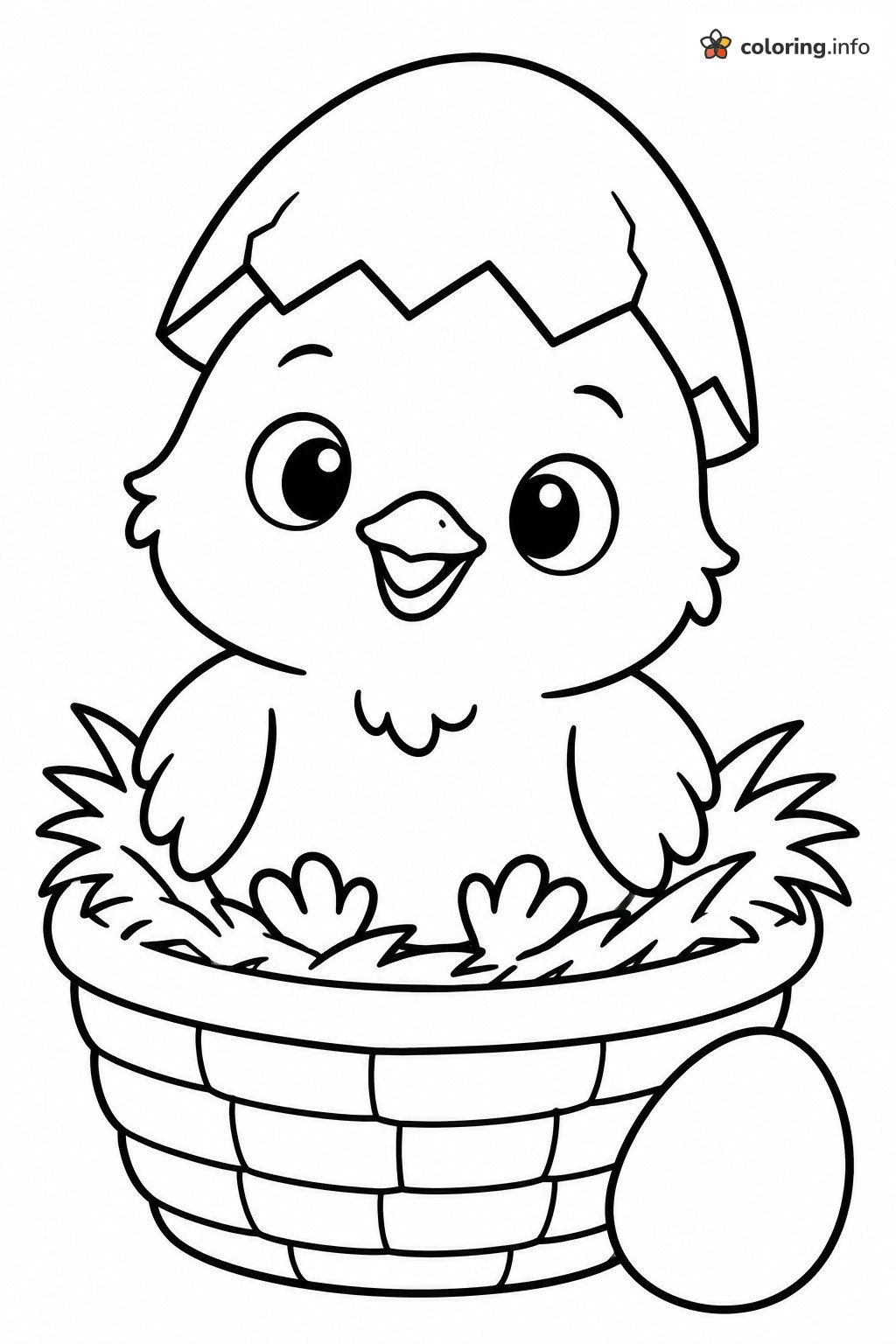 Chick Wearing an Eggshell Hat in an Easter Basket coloring sheet Chick Wearing an Eggshell Hat in an Easter Basket coloring sheet