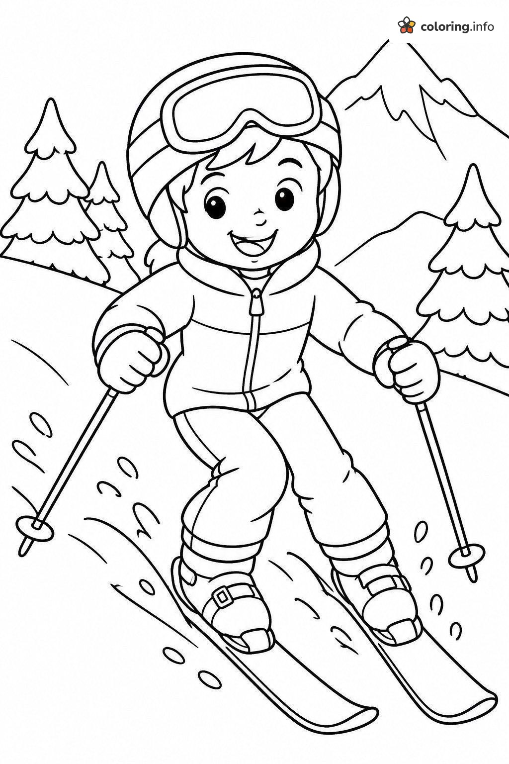 Child Skiing Down a Mountain Past Snowy Pines coloring sheet Child Skiing Down a Mountain Past Snowy Pines coloring sheet