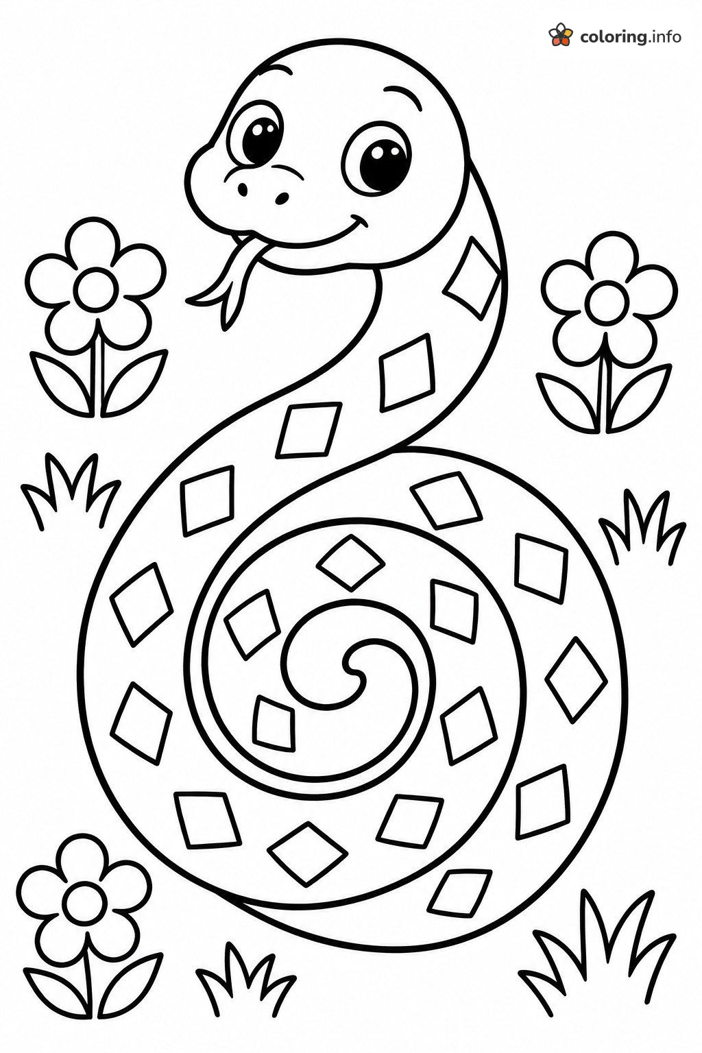 Coiled Cartoon Snake Among Flowers, Reptiles Coloring Page Coiled Cartoon Snake Among Flowers, Reptiles Coloring Page