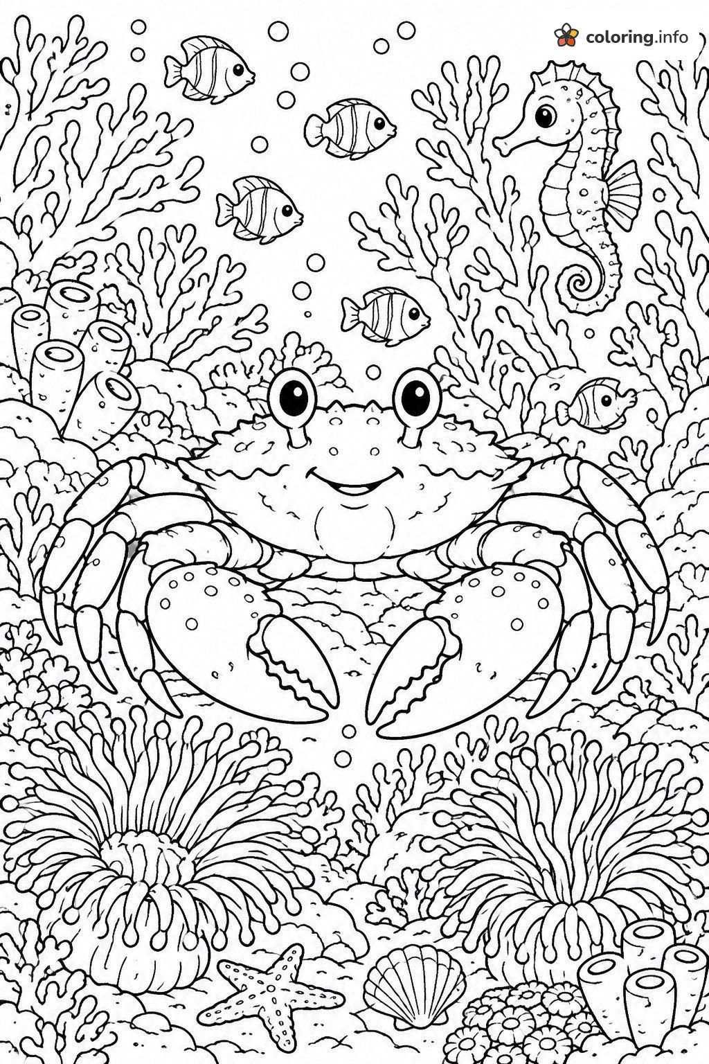 Coral Reef Crab with Fish and Seahorse coloring page Coral Reef Crab with Fish and Seahorse coloring page