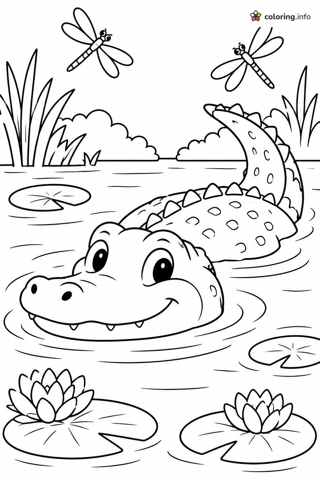 Crocodile in the Lily Pond With Dragonflies, Reptiles Printable coloring sheet Crocodile in the Lily Pond With Dragonflies, Reptiles Printable coloring sheet