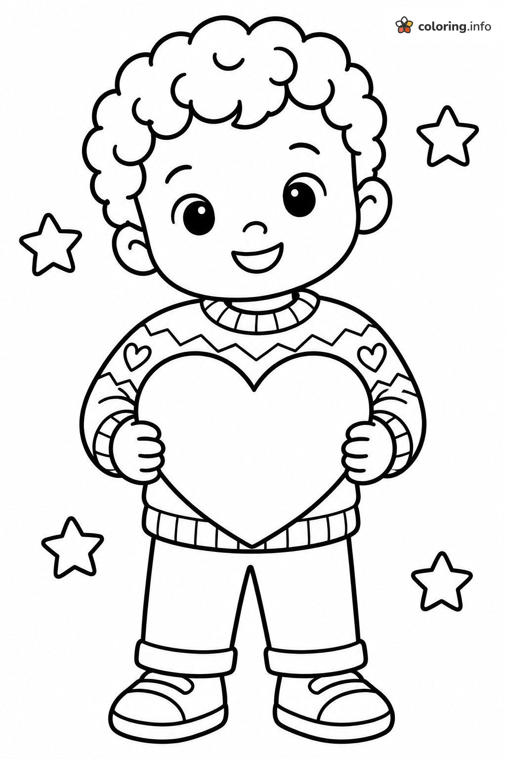 Curly-Haired Boy Hugging a Big Heart, Undertale Coloring Page Curly-Haired Boy Hugging a Big Heart, Undertale Coloring Page