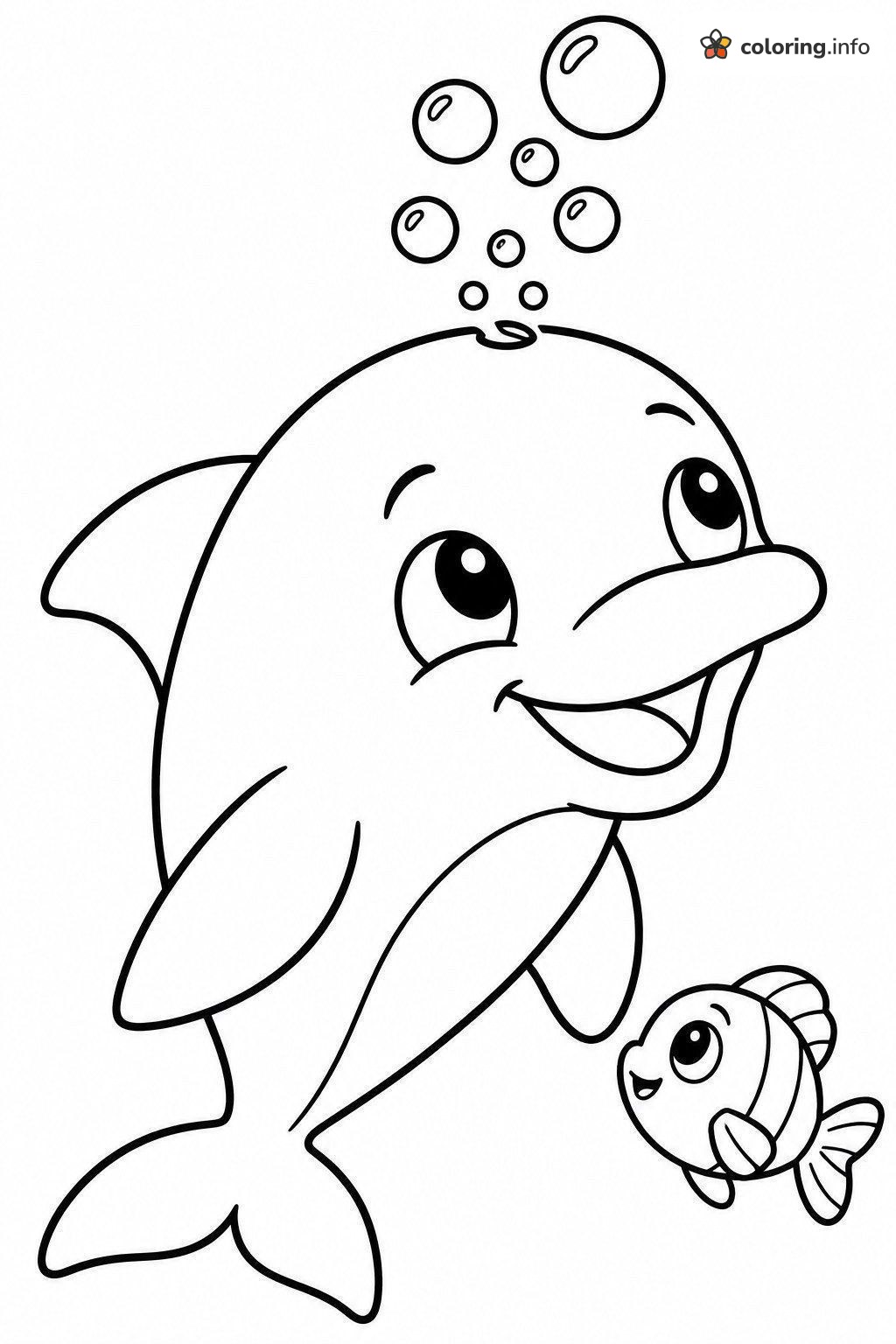Little Dolphin Blowing Bubbles Beside a Fish coloring page Little Dolphin Blowing Bubbles Beside a Fish coloring page
