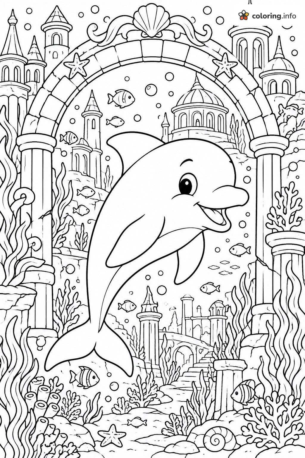 Dolphin Swooping Through an Underwater Castle Archway printable coloring page Dolphin Swooping Through an Underwater Castle Archway printable coloring page