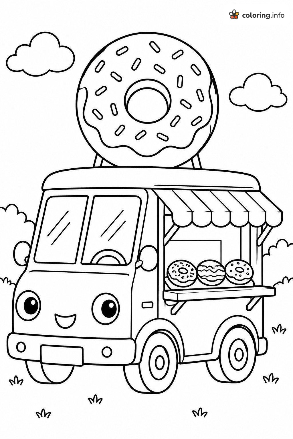 Cheerful Food Truck Serving Donuts Under a Giant Rooftop Donut printable coloring page Cheerful Food Truck Serving Donuts Under a Giant Rooftop Donut printable coloring page