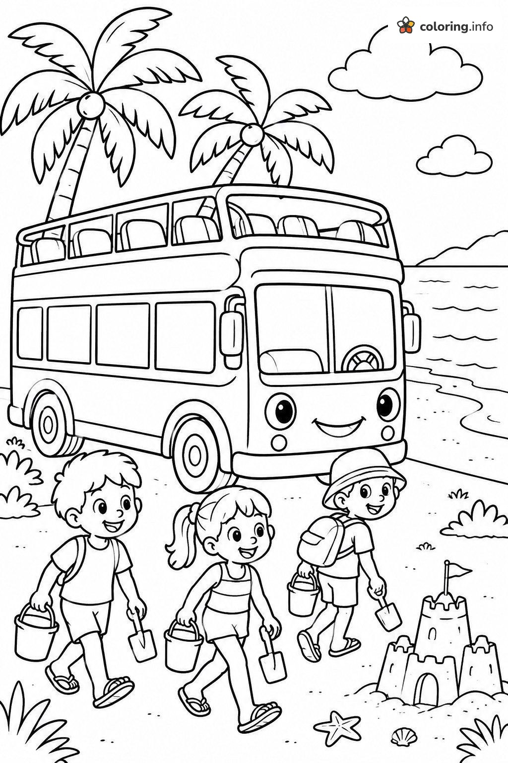 Beach Day Double-Decker Bus With Three Kids coloring page Beach Day Double-Decker Bus With Three Kids coloring page