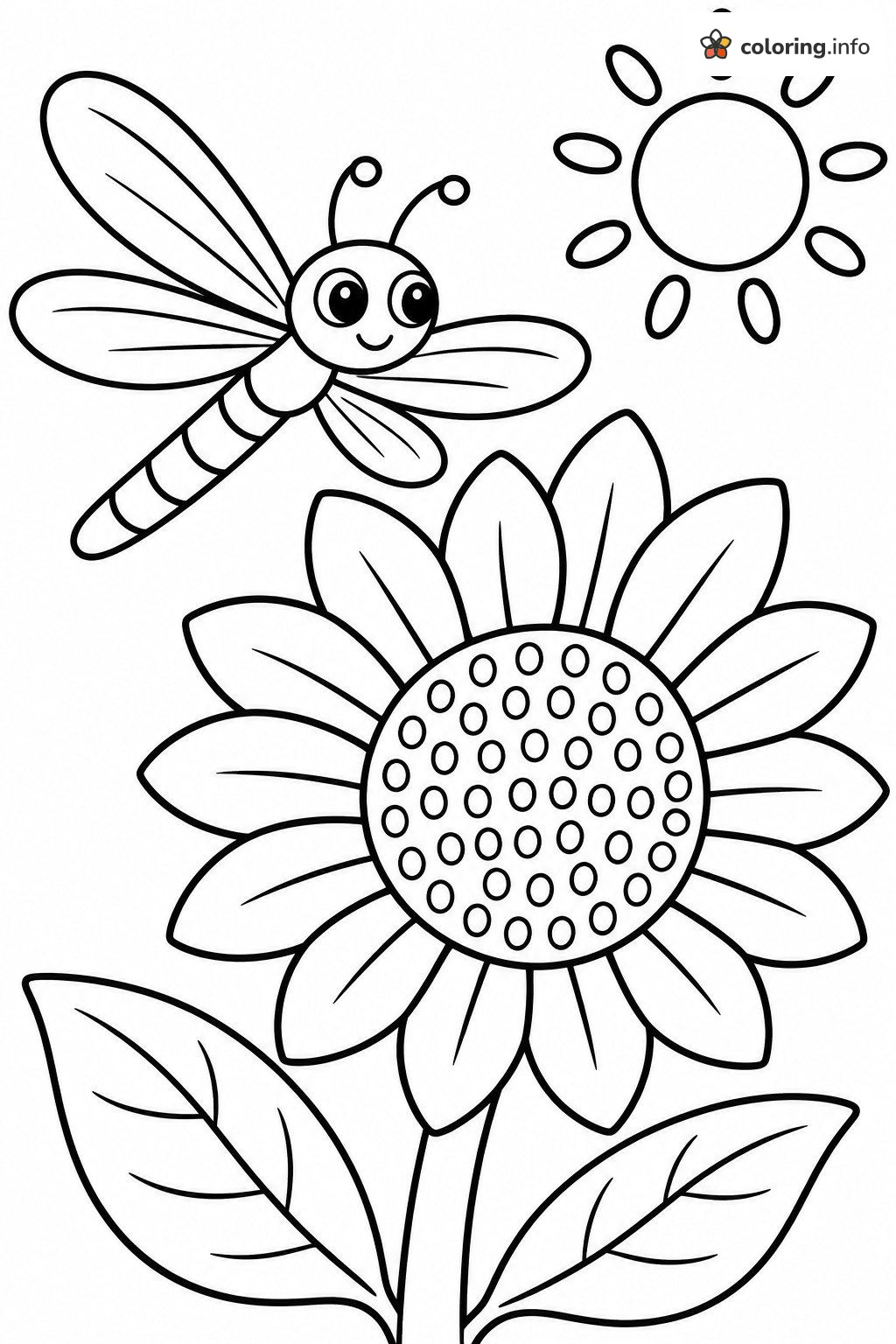 Sunflower and Sun With a Hovering Dragonfly coloring page Sunflower and Sun With a Hovering Dragonfly coloring page