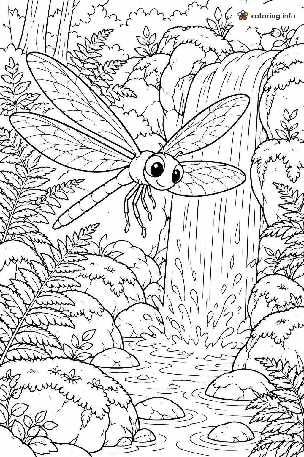 Waterfall in the Forest With a Hovering Dragonfly printable coloring page Waterfall in the Forest With a Hovering Dragonfly printable coloring page