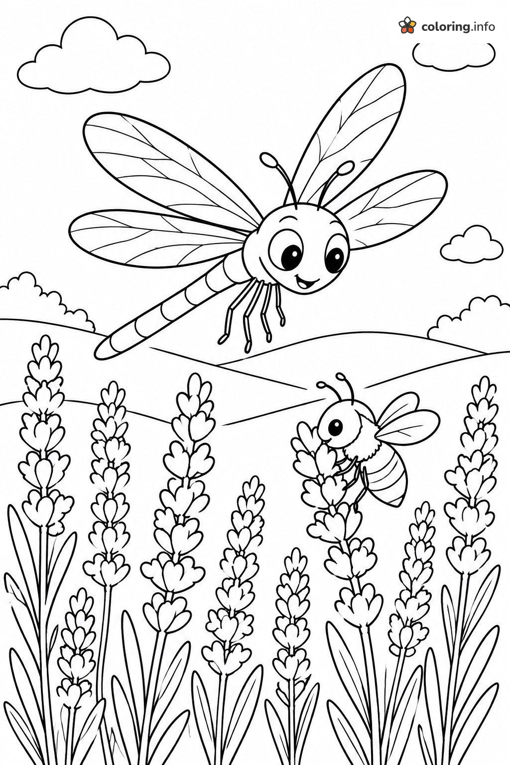 Lavender Blooms, a Bee and a Flying Dragonfly coloring page Lavender Blooms, a Bee and a Flying Dragonfly coloring page