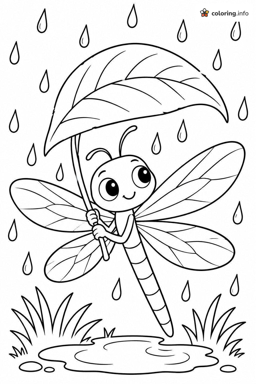 Rainy Day Dragonfly Under a Leaf Umbrella coloring sheet Rainy Day Dragonfly Under a Leaf Umbrella coloring sheet