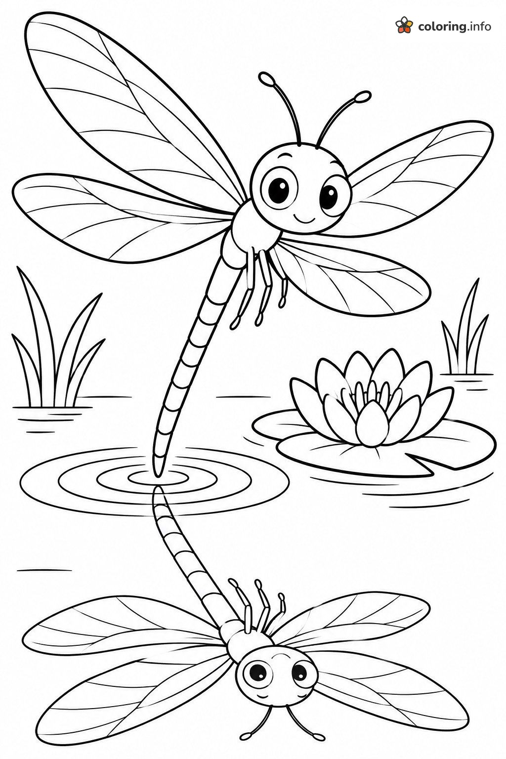 Hovering Dragonfly With Pond Ripples and Reflection coloring page Hovering Dragonfly With Pond Ripples and Reflection coloring page