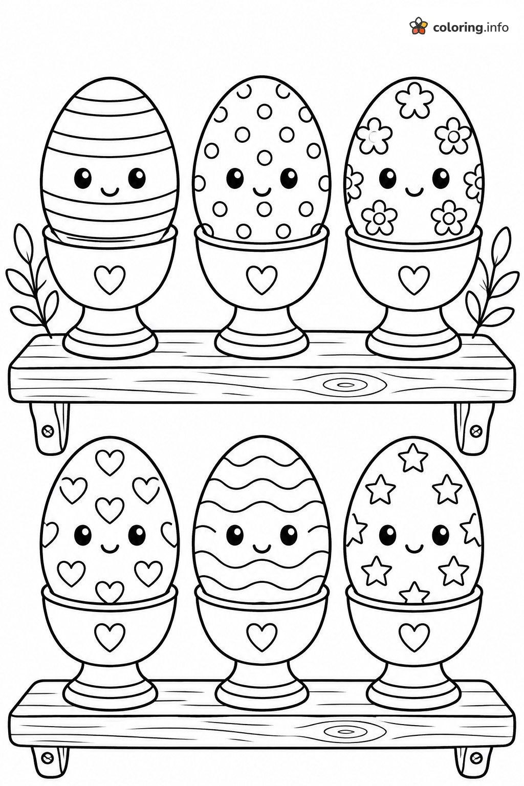Six Smiling Easter Eggs in Heart Egg Cups coloring page Six Smiling Easter Eggs in Heart Egg Cups coloring page