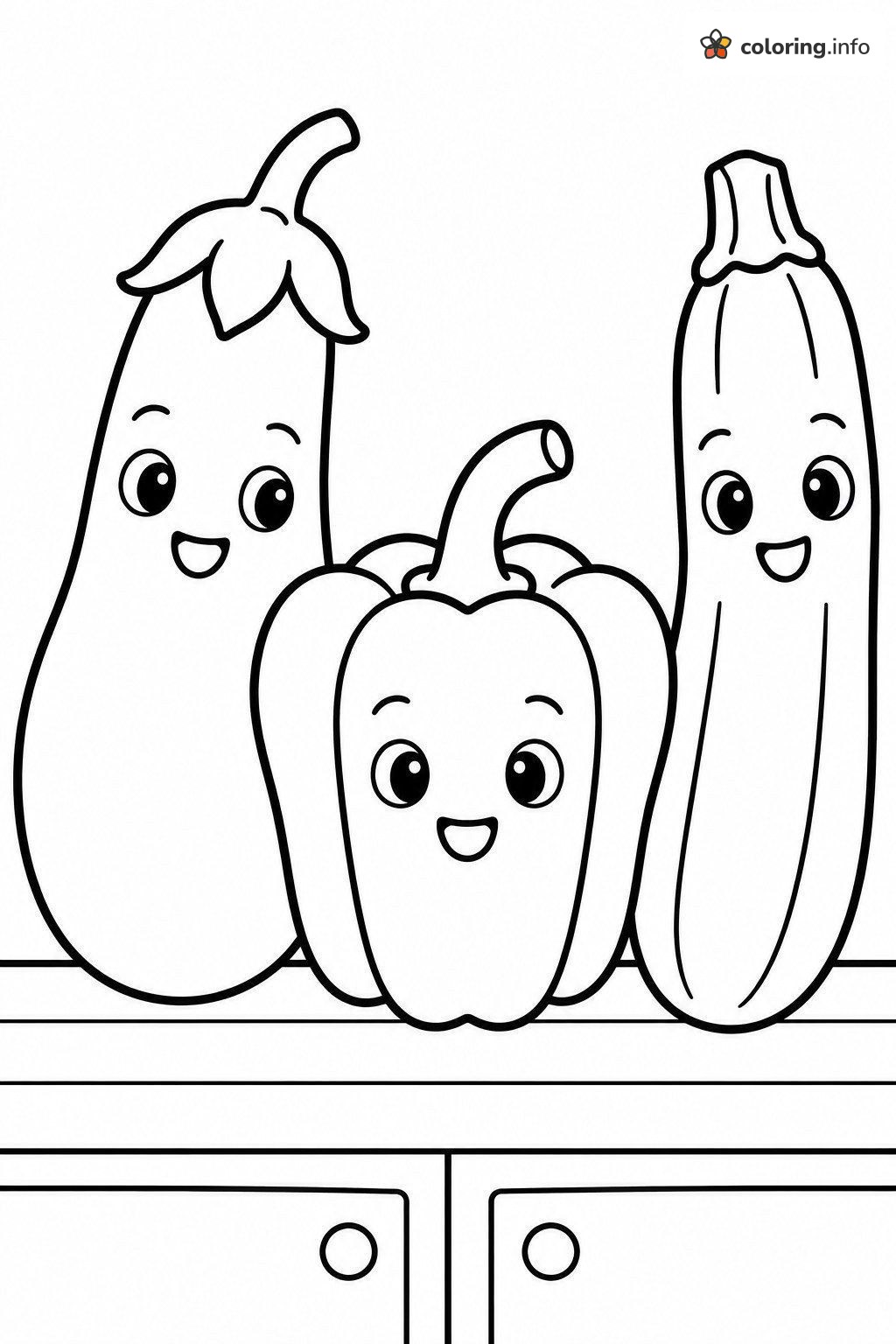 Kitchen Counter Vegetable Trio: Eggplant, Pepper and Zucchini coloring sheet Kitchen Counter Vegetable Trio: Eggplant, Pepper and Zucchini coloring sheet