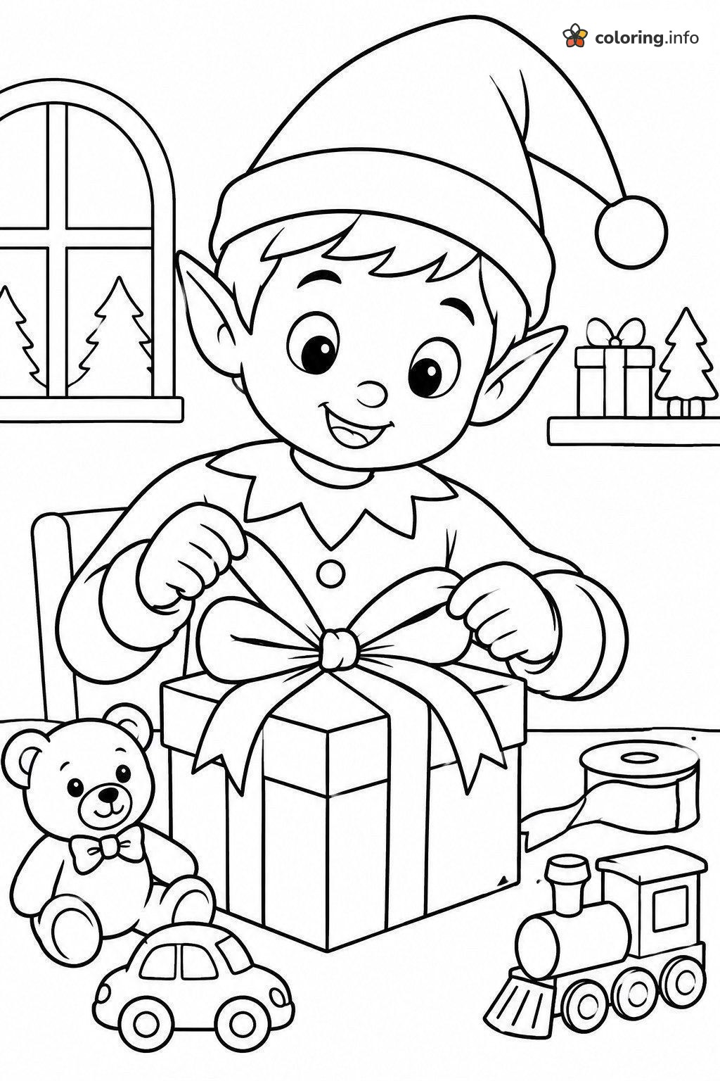 Christmas for Kids Elf Tying a Bow on a Present printable coloring page Christmas for Kids Elf Tying a Bow on a Present printable coloring page
