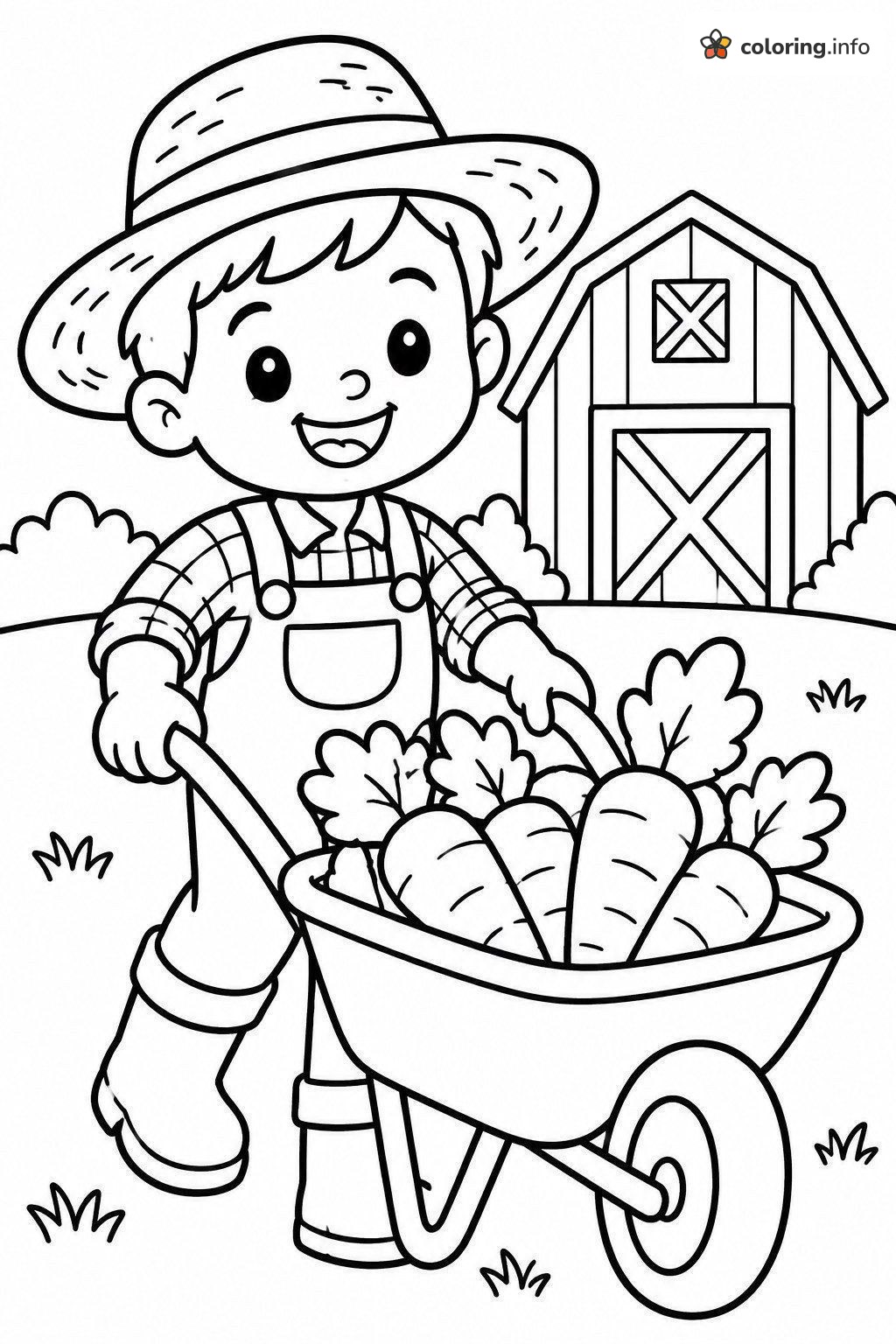Farmer Boy Pushing a Wheelbarrow Full of Carrots coloring sheet Farmer Boy Pushing a Wheelbarrow Full of Carrots coloring sheet