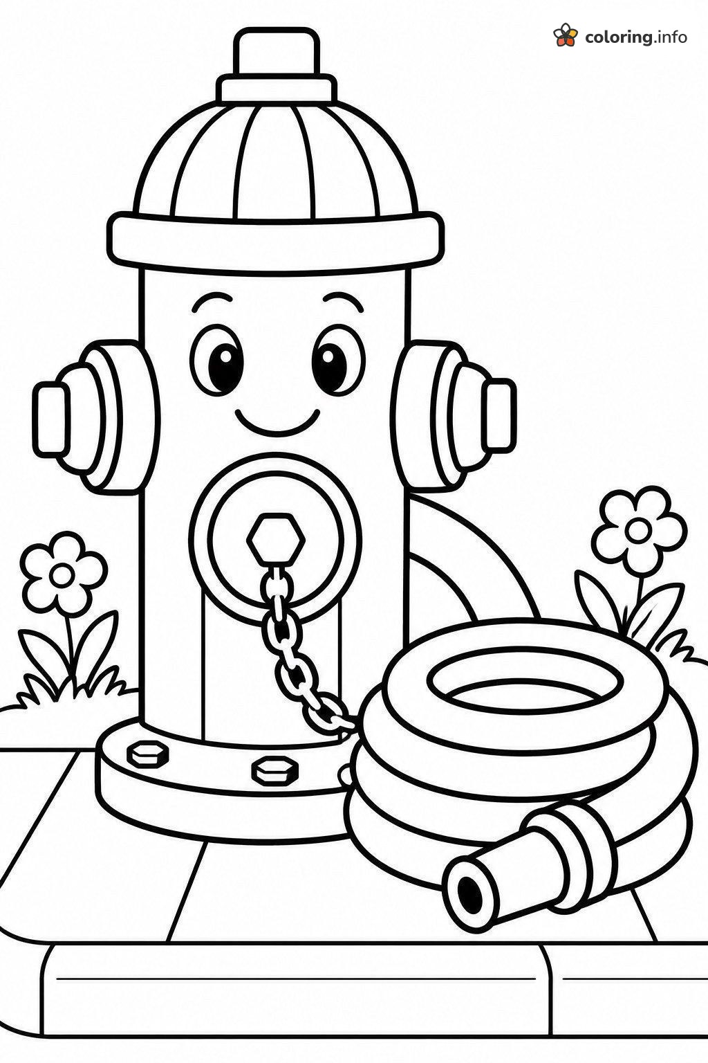 Grinning Hydrant With Hose and Flowers for Firefighter Fans coloring page Grinning Hydrant With Hose and Flowers for Firefighter Fans coloring page