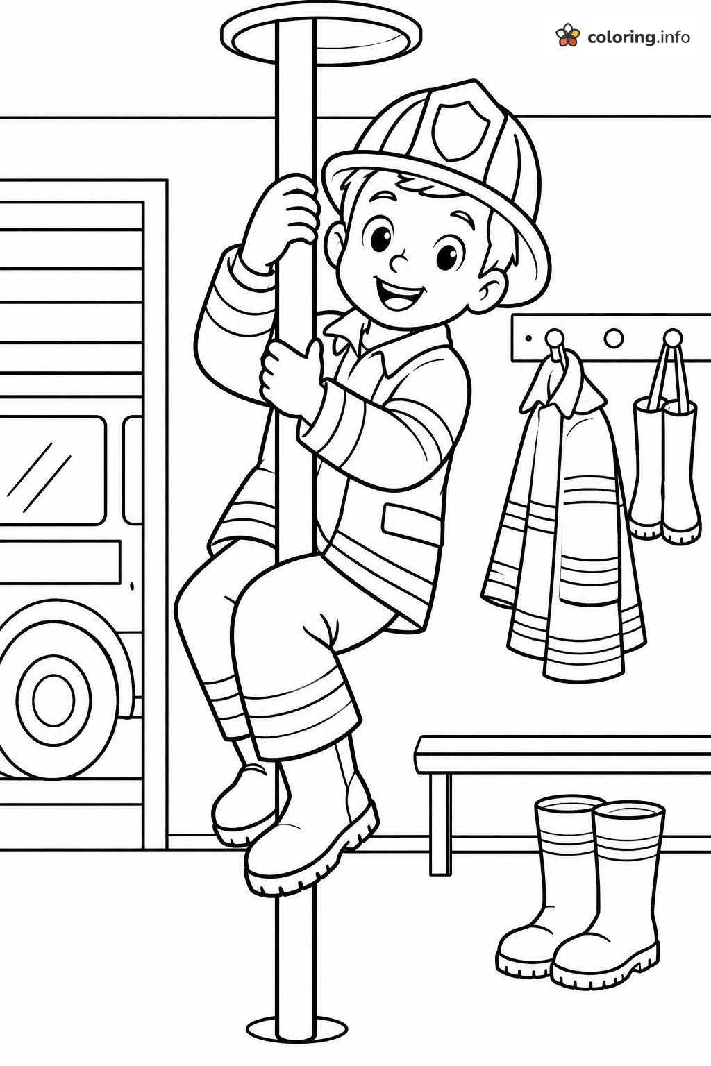 Boy Firefighter Sliding Down the Station Pole coloring sheet Boy Firefighter Sliding Down the Station Pole coloring sheet