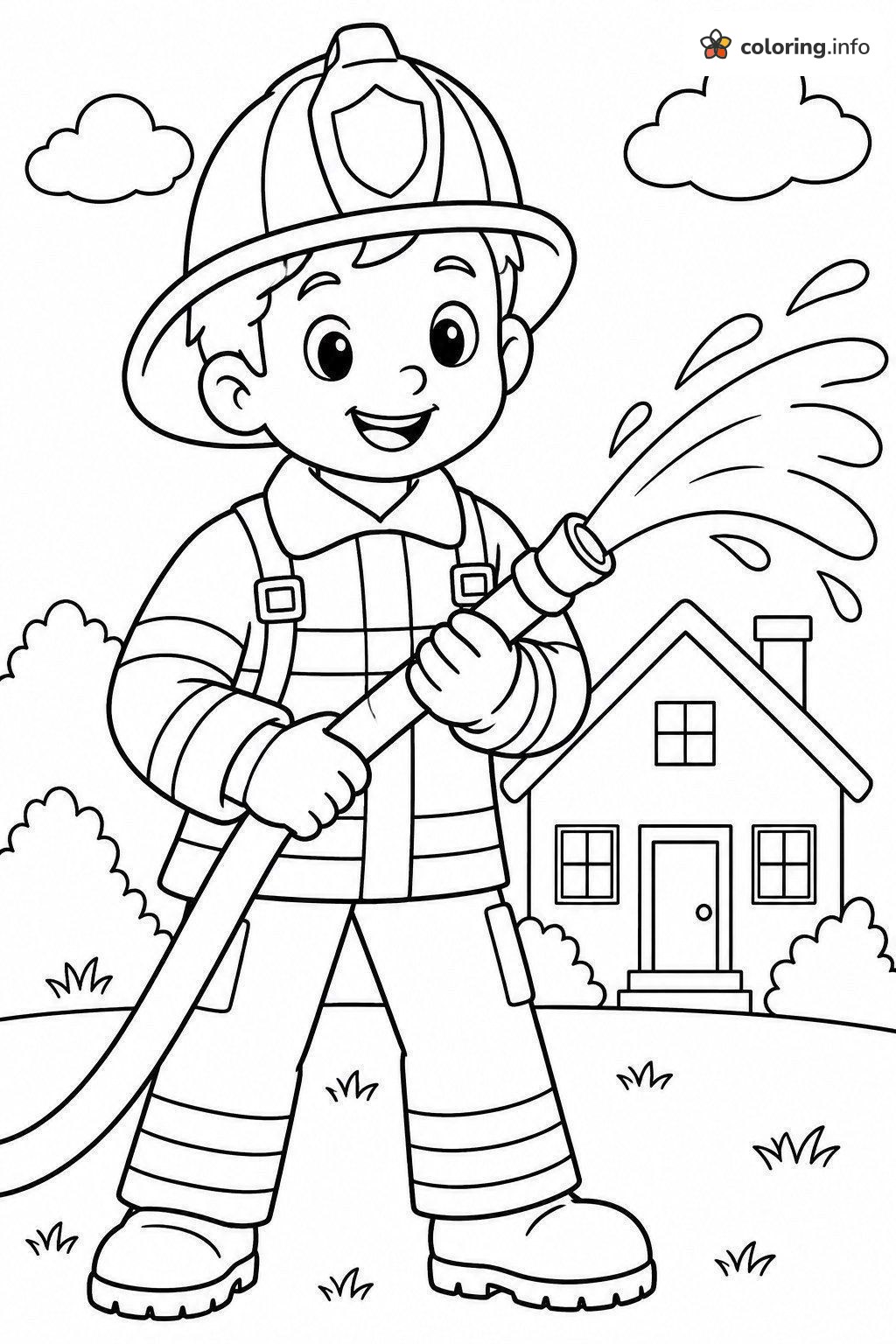 Young Firefighter Spraying a Hose Beside a Little House coloring sheet Young Firefighter Spraying a Hose Beside a Little House coloring sheet