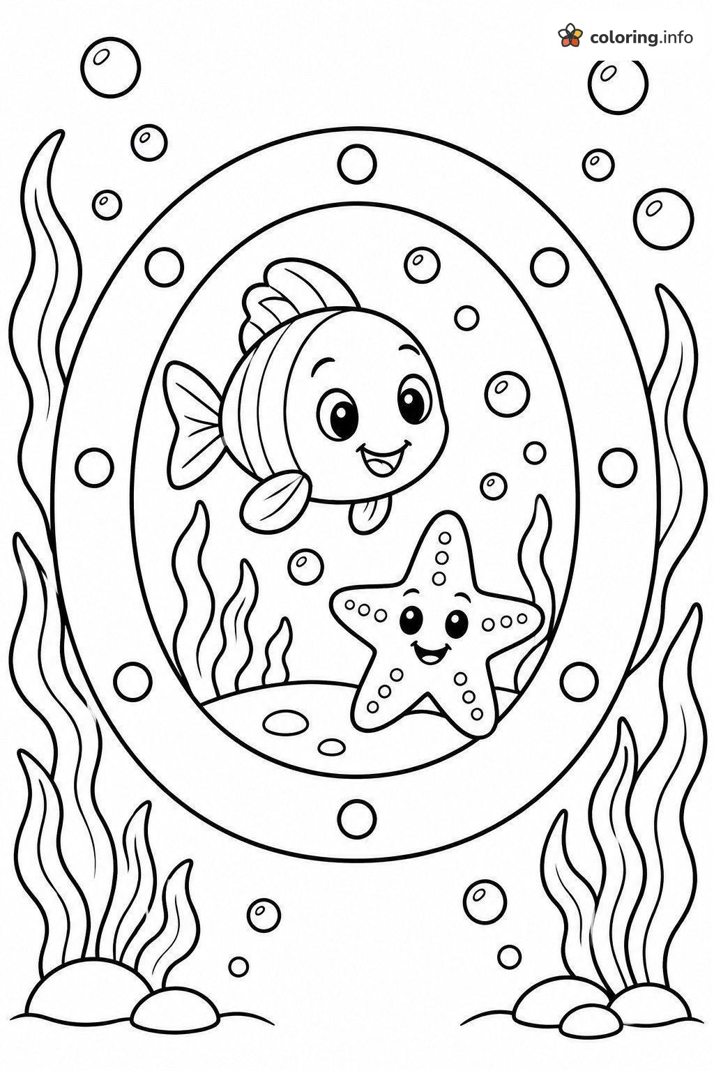 Porthole Fish and Starfish Bubble Letters Scene coloring page Porthole Fish and Starfish Bubble Letters Scene coloring page