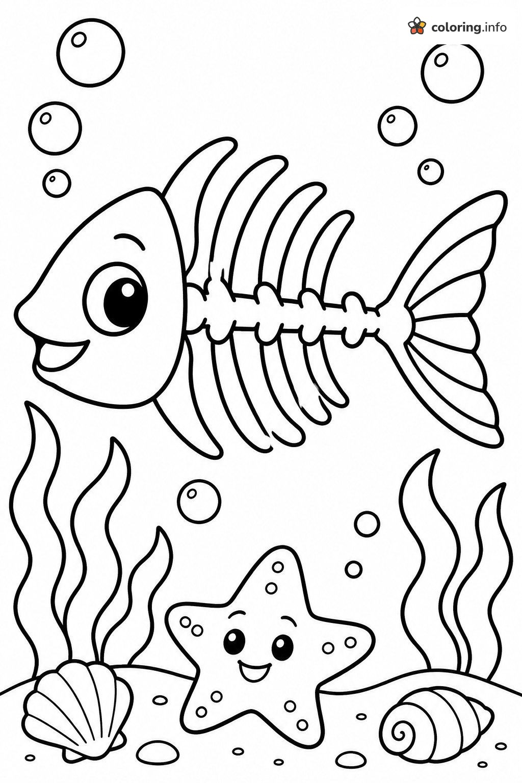 Fish Skeleton Swimming Past Starfish and Shells coloring sheet Fish Skeleton Swimming Past Starfish and Shells coloring sheet