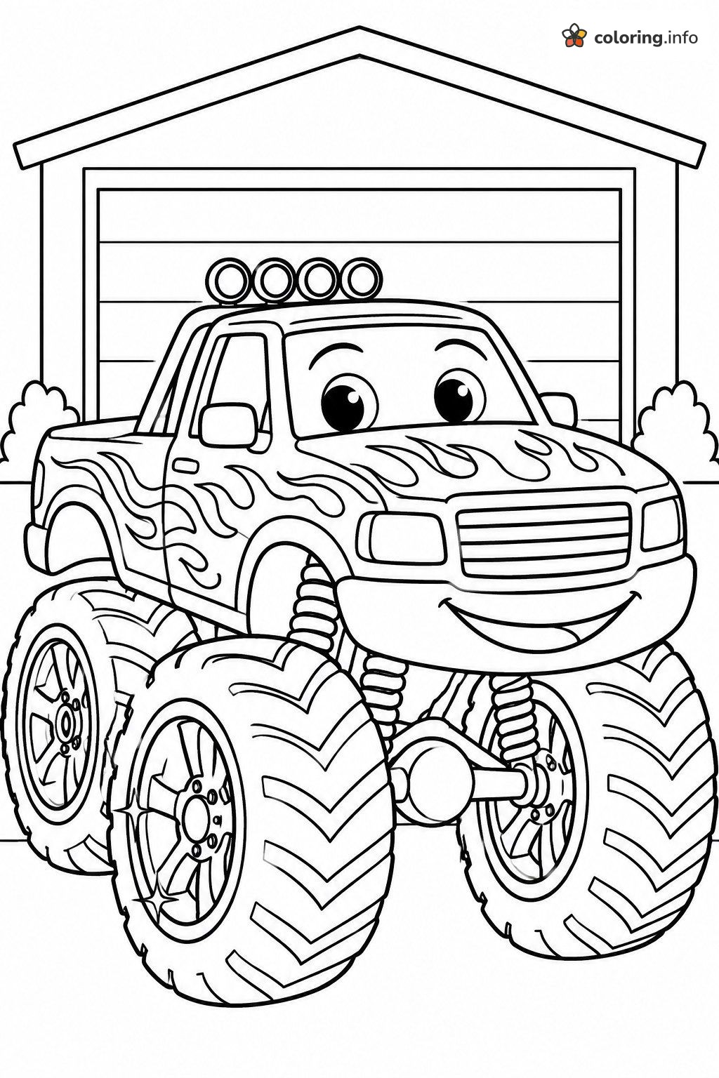 Flame Monster Truck Parked by the Garage printable coloring page Flame Monster Truck Parked by the Garage printable coloring page