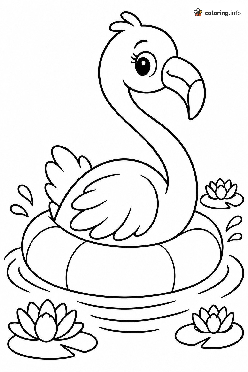 Baby Flamingo Floating in a Swim Ring Among Water Lilies printable coloring page Baby Flamingo Floating in a Swim Ring Among Water Lilies printable coloring page