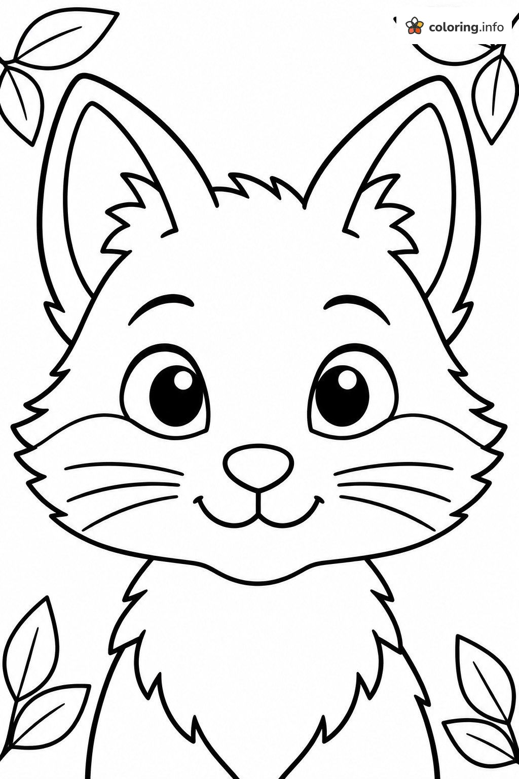 Big-Eyed Fox Face Framed by Leaves printable coloring page Big-Eyed Fox Face Framed by Leaves printable coloring page