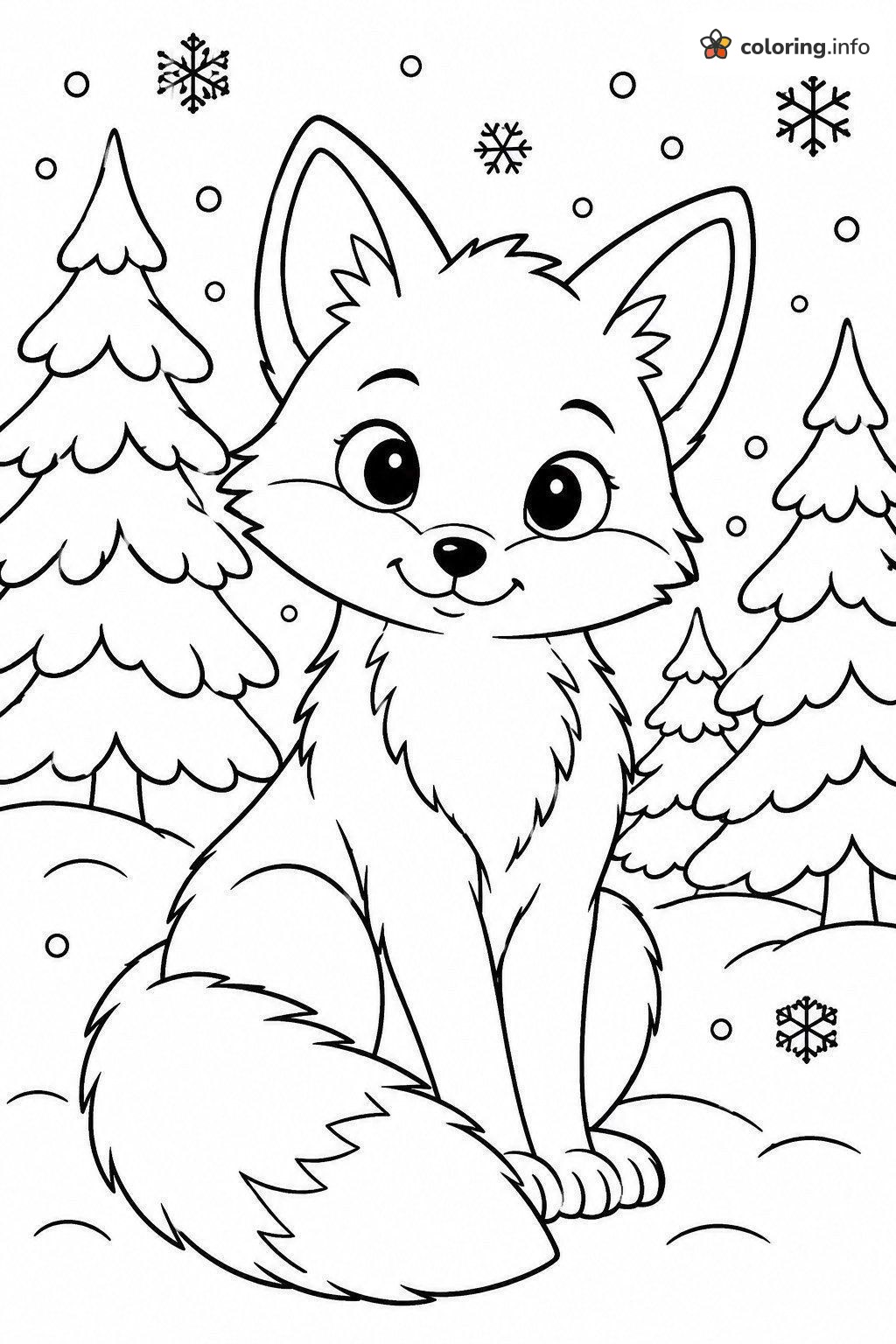 Smiling Fox Among Snowy Pine Trees on a Winter Day coloring page Smiling Fox Among Snowy Pine Trees on a Winter Day coloring page