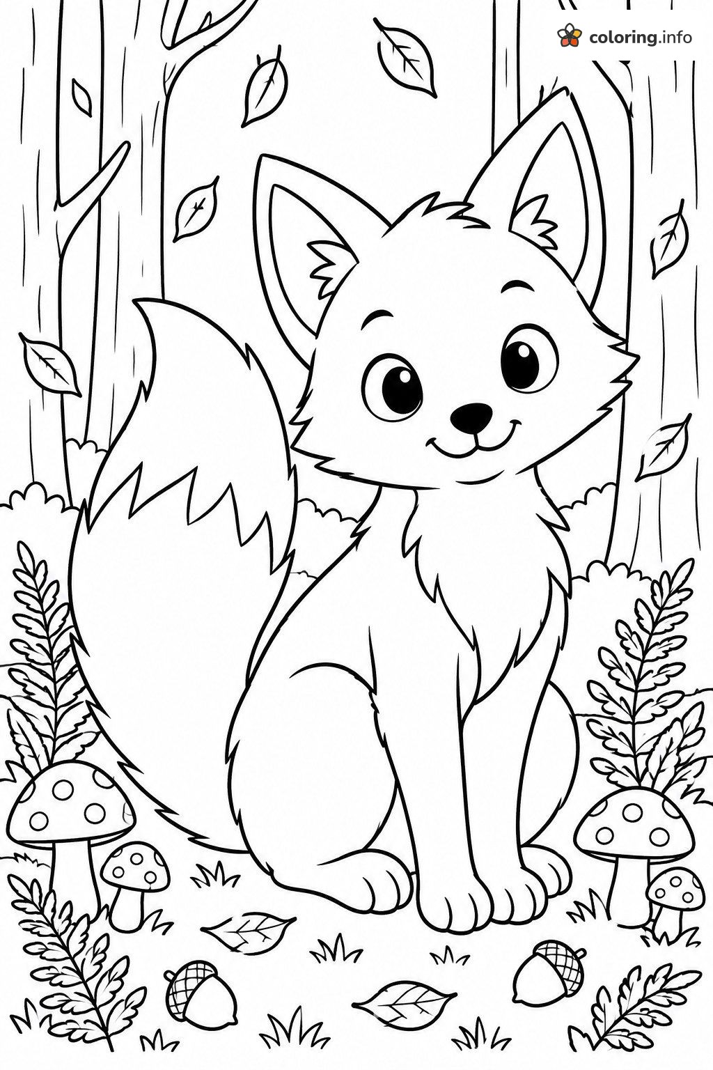 Friendly Fox With Mushrooms in a Fall Forest coloring page Friendly Fox With Mushrooms in a Fall Forest coloring page