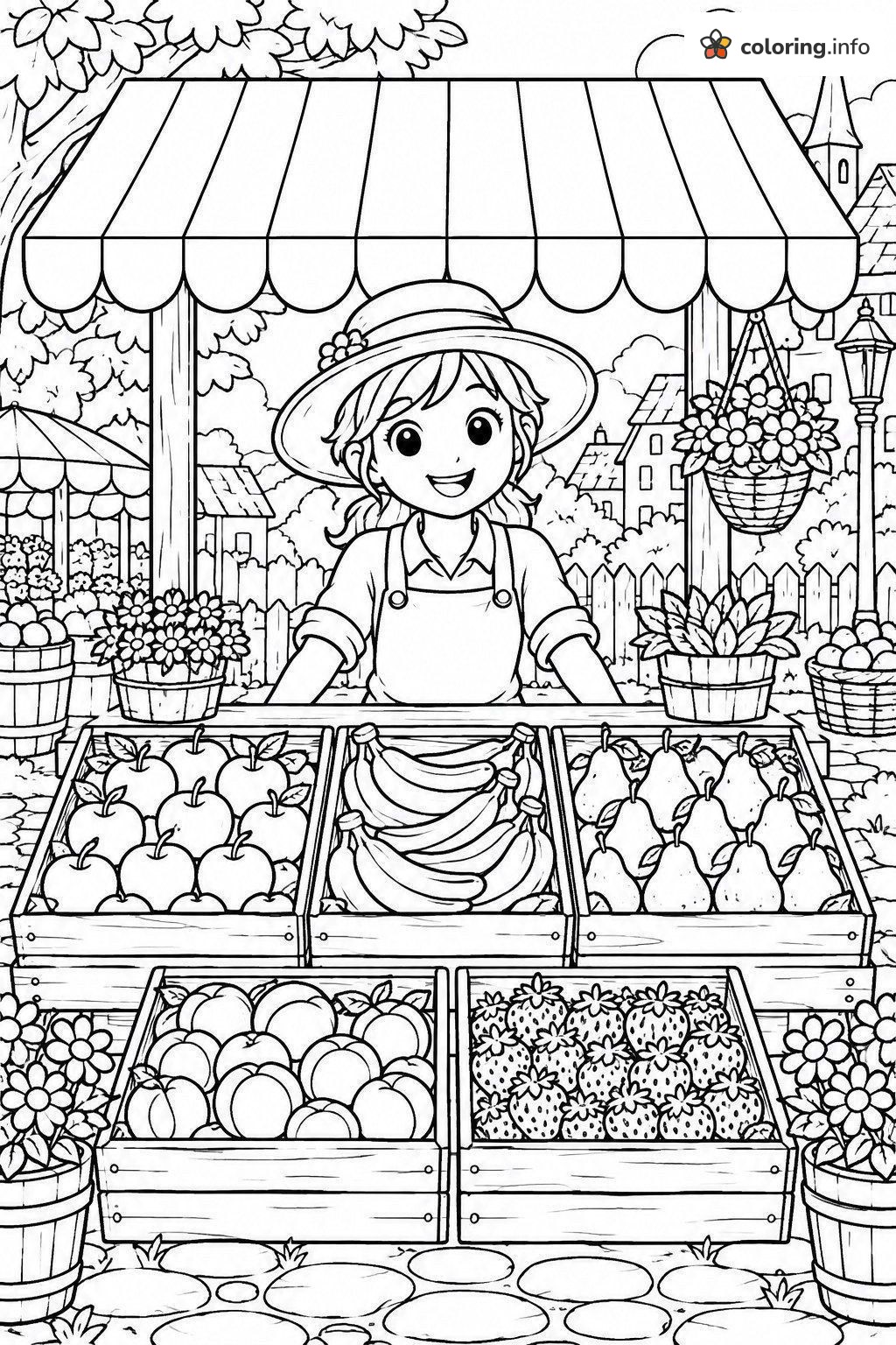 Fruit Stand Girl Under a Striped Awning coloring page Fruit Stand Girl Under a Striped Awning coloring page