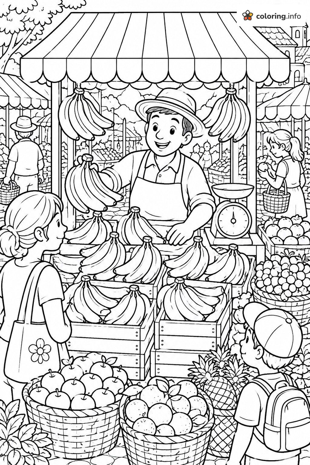 Market Vendor Holding Up a Big Banana Bunch coloring page Market Vendor Holding Up a Big Banana Bunch coloring page