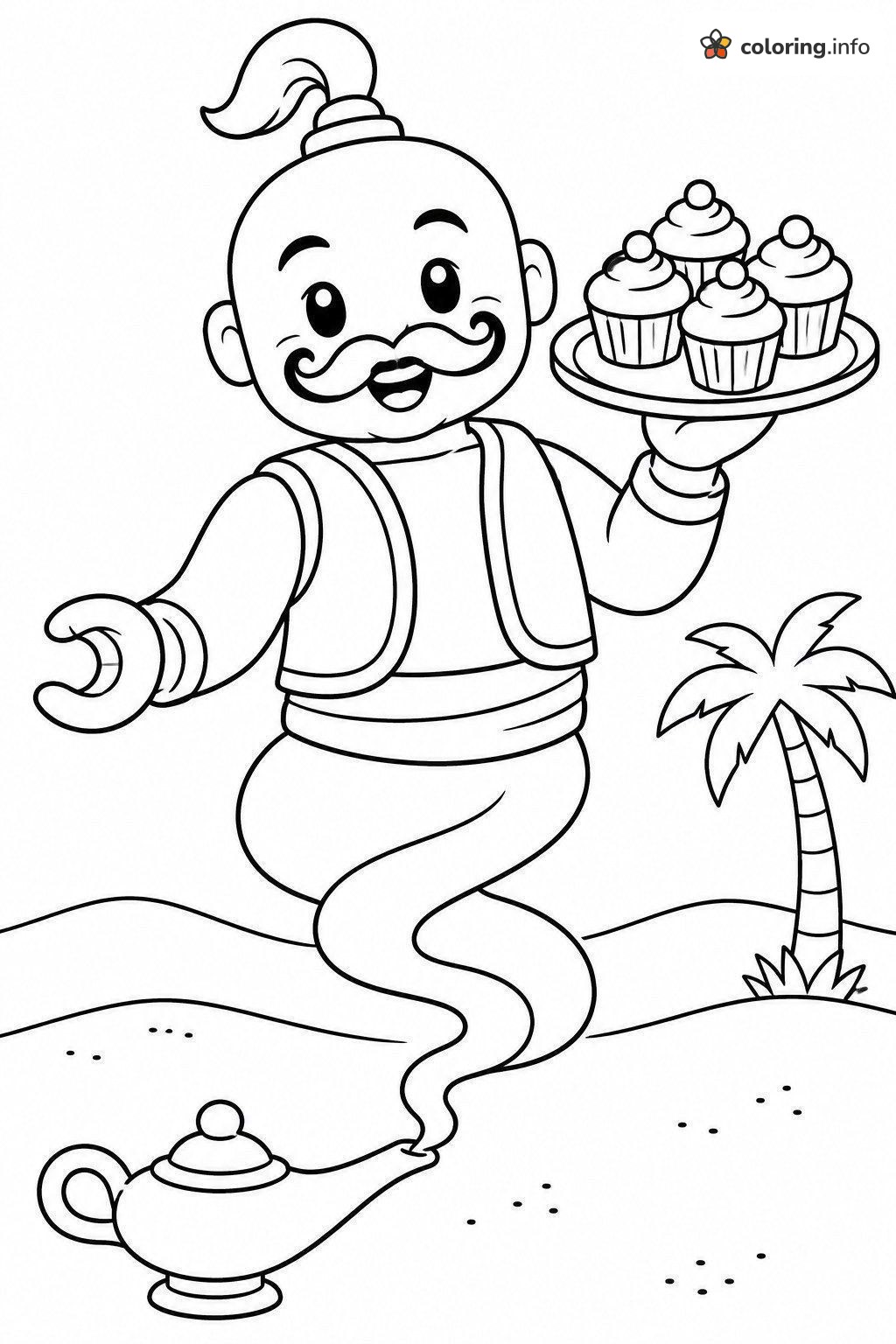 Genie With Cupcakes and Magic Lamp, Lego Disney Coloring Sheet Genie With Cupcakes and Magic Lamp, Lego Disney Coloring Sheet
