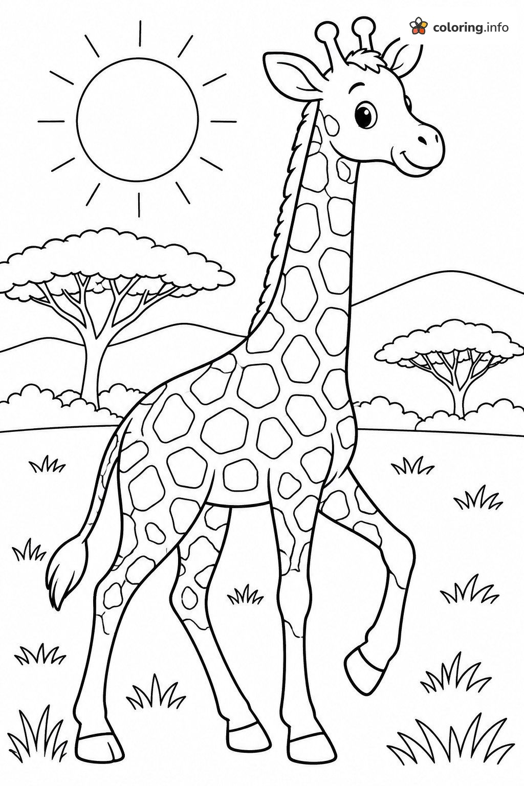 Strolling Giraffe and Acacia Trees in the Sunshine coloring page Strolling Giraffe and Acacia Trees in the Sunshine coloring page