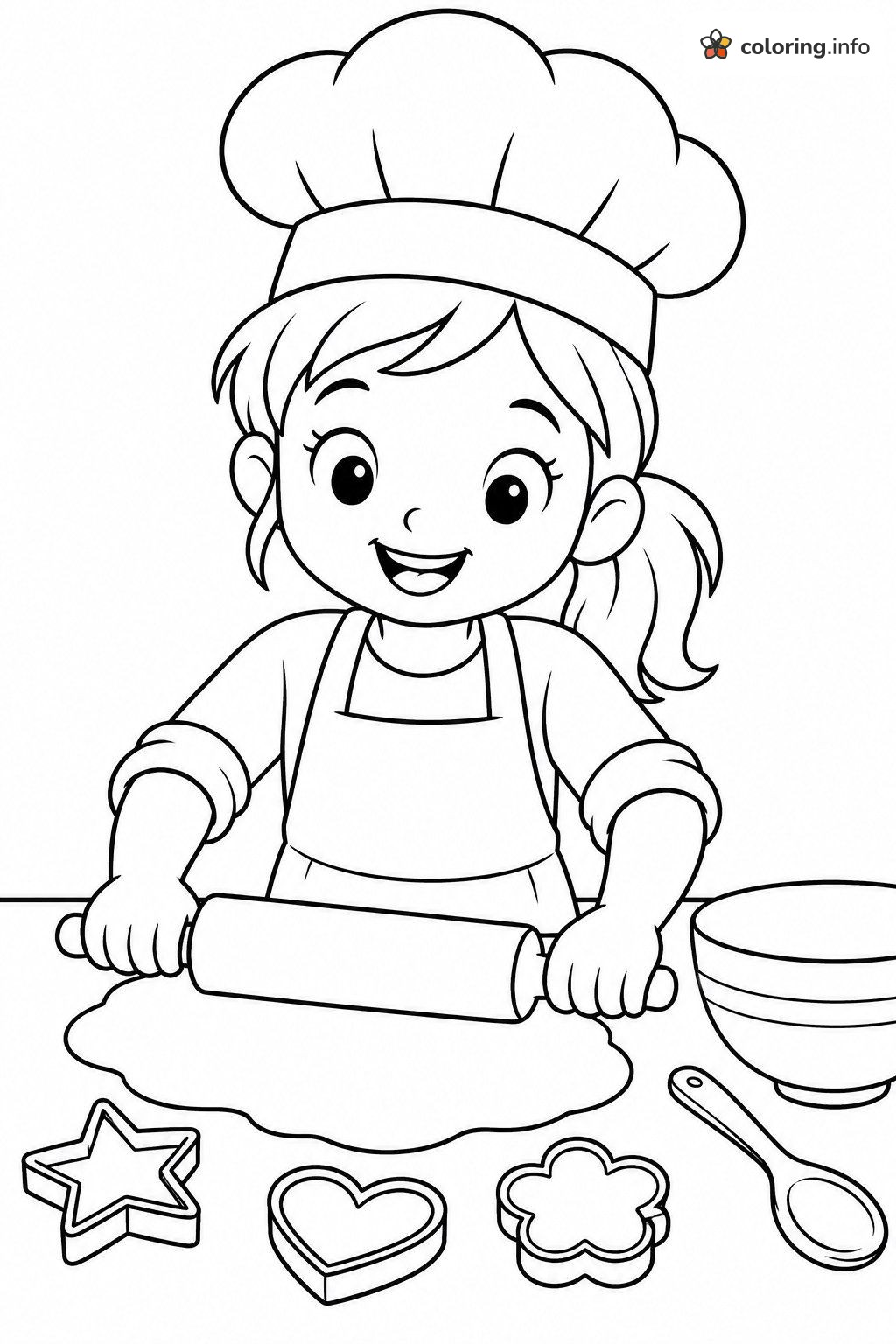 Little Chef Girl Rolling Out Cookie Dough printable coloring page Little Chef Girl Rolling Out Cookie Dough printable coloring page