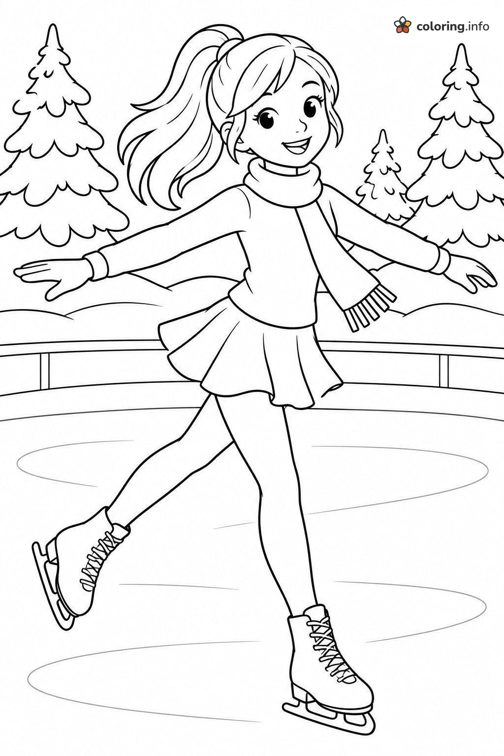 Winter Ice Skater Among Snowy Pines, Coloring Page For Teens coloring page Winter Ice Skater Among Snowy Pines, Coloring Page For Teens coloring page
