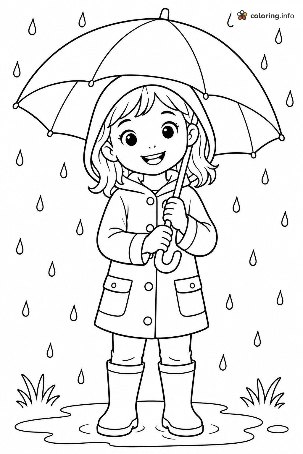 Girl in a Raincoat with Umbrella on a Spring Day printable coloring page Girl in a Raincoat with Umbrella on a Spring Day printable coloring page