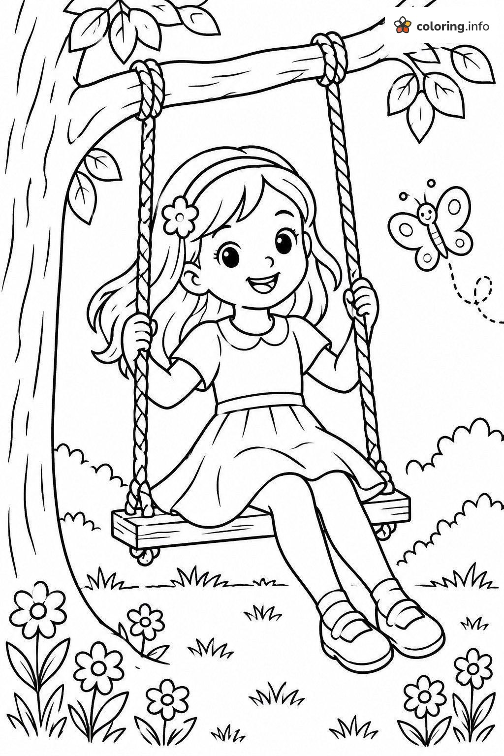 Girl on a Rope Swing Hanging from a Big Tree coloring page Girl on a Rope Swing Hanging from a Big Tree coloring page