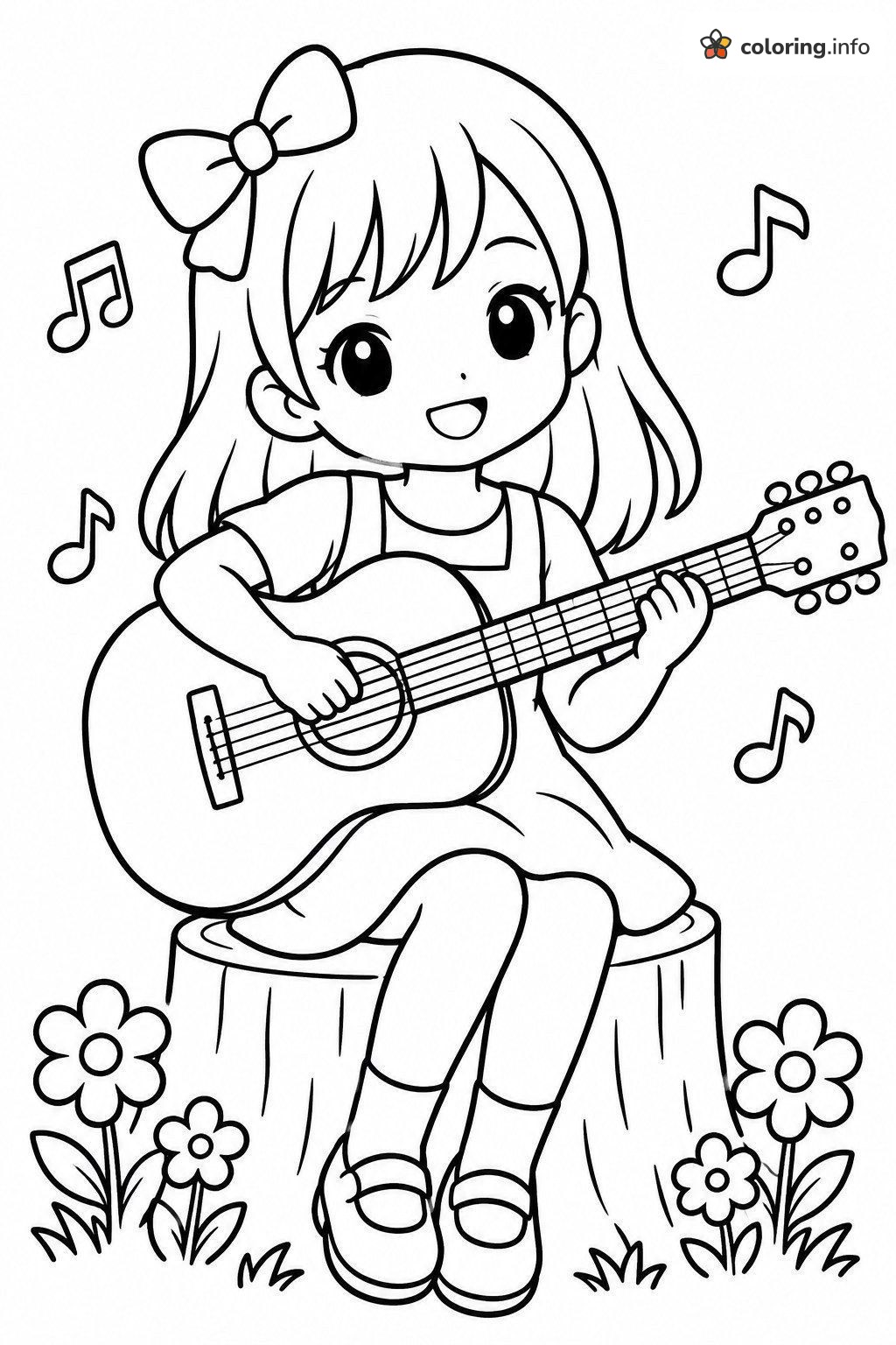 Guitar Girl on a Tree Stump, Anime Style coloring page Guitar Girl on a Tree Stump, Anime Style coloring page