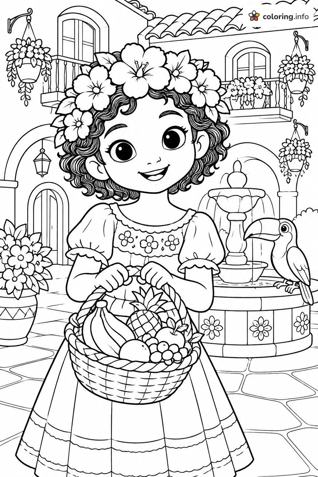 Fruit Basket Girl in a Flower Courtyard, Encanto Style coloring page Fruit Basket Girl in a Flower Courtyard, Encanto Style coloring page