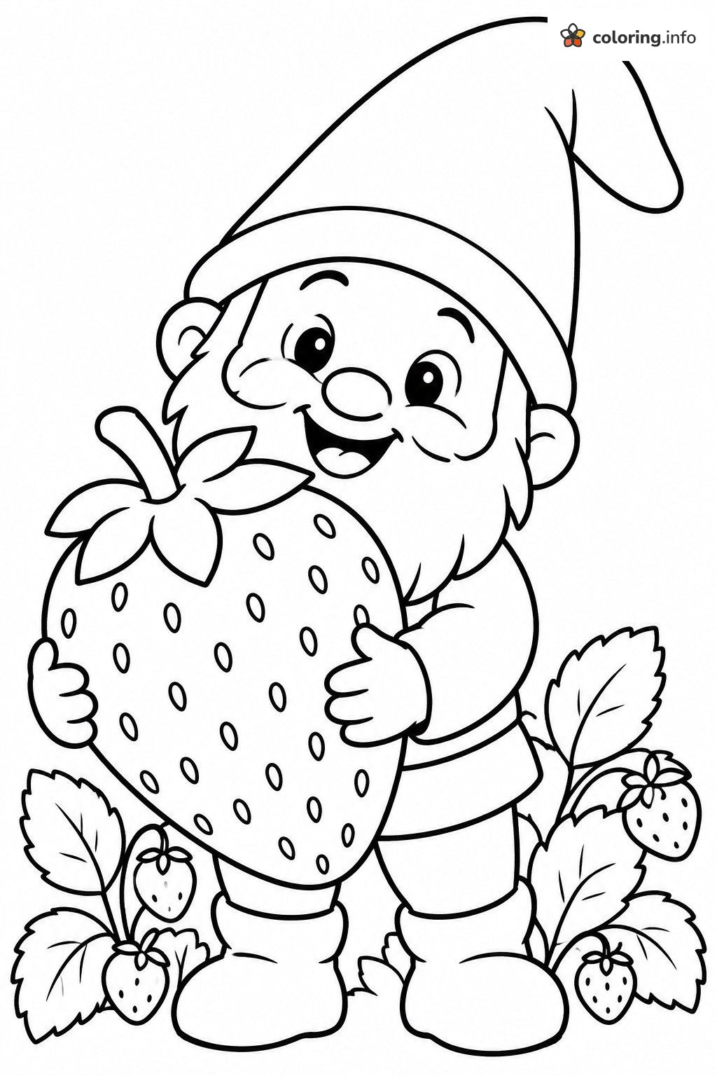 Little Gnome Hugging a Giant Strawberry coloring sheet Little Gnome Hugging a Giant Strawberry coloring sheet