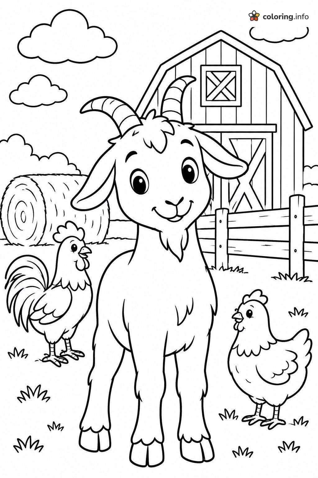Barnyard Goat Posing with a Rooster and Hen coloring page Barnyard Goat Posing with a Rooster and Hen coloring page