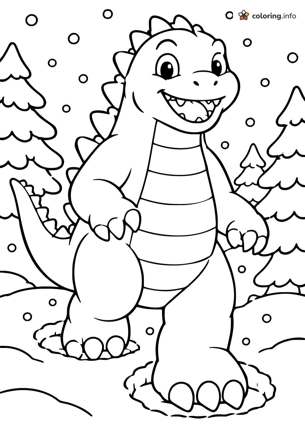Winter Pine Forest and a Grinning Godzilla-Style Dinosaur coloring sheet Winter Pine Forest and a Grinning Godzilla-Style Dinosaur coloring sheet
