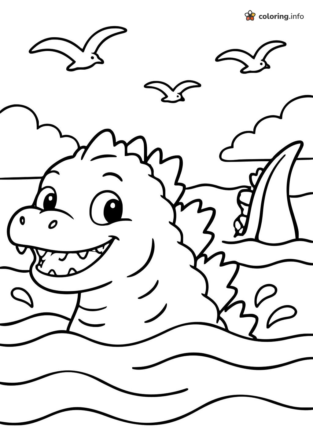 Grinning Godzilla Monster Swimming Through Ocean Waves coloring page Grinning Godzilla Monster Swimming Through Ocean Waves coloring page